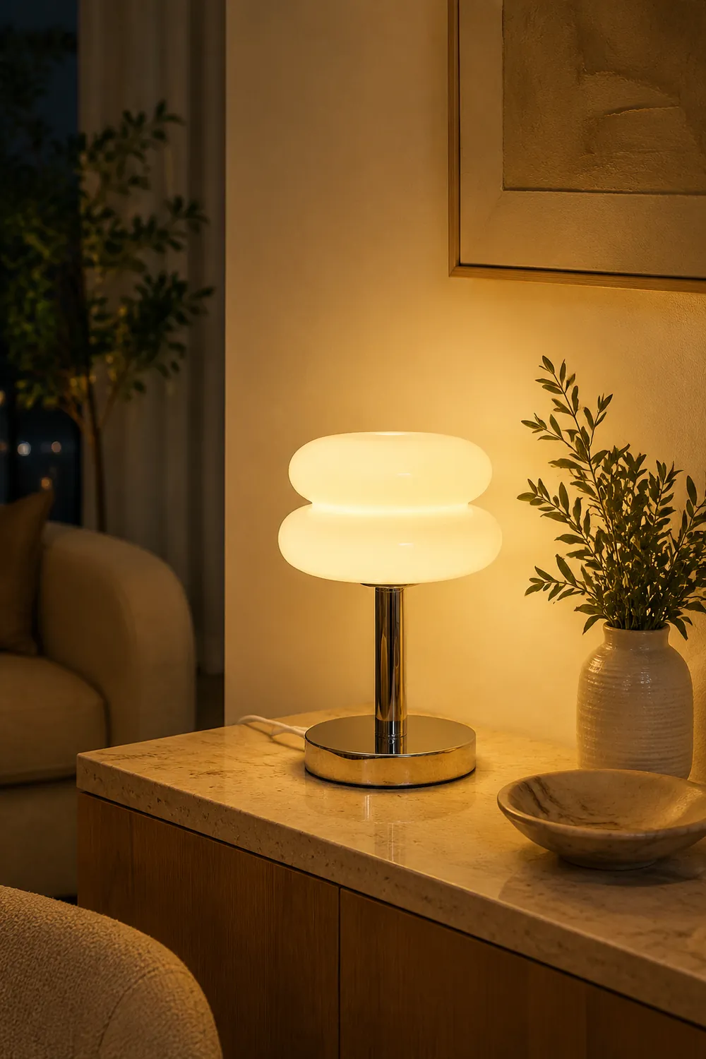 Morandi Modern Rund LED Tischlampe Weiß/Beige/Rosa Wohn/Schlafzimmer Metall&Glas 28CM Lang - Lumpaz