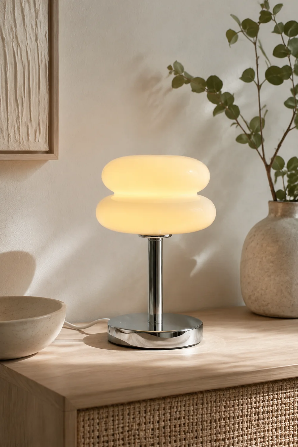 Morandi Modern Rund LED Tischlampe Weiß/Beige/Rosa Wohn/Schlafzimmer Metall&Glas 28CM Lang - Lumpaz