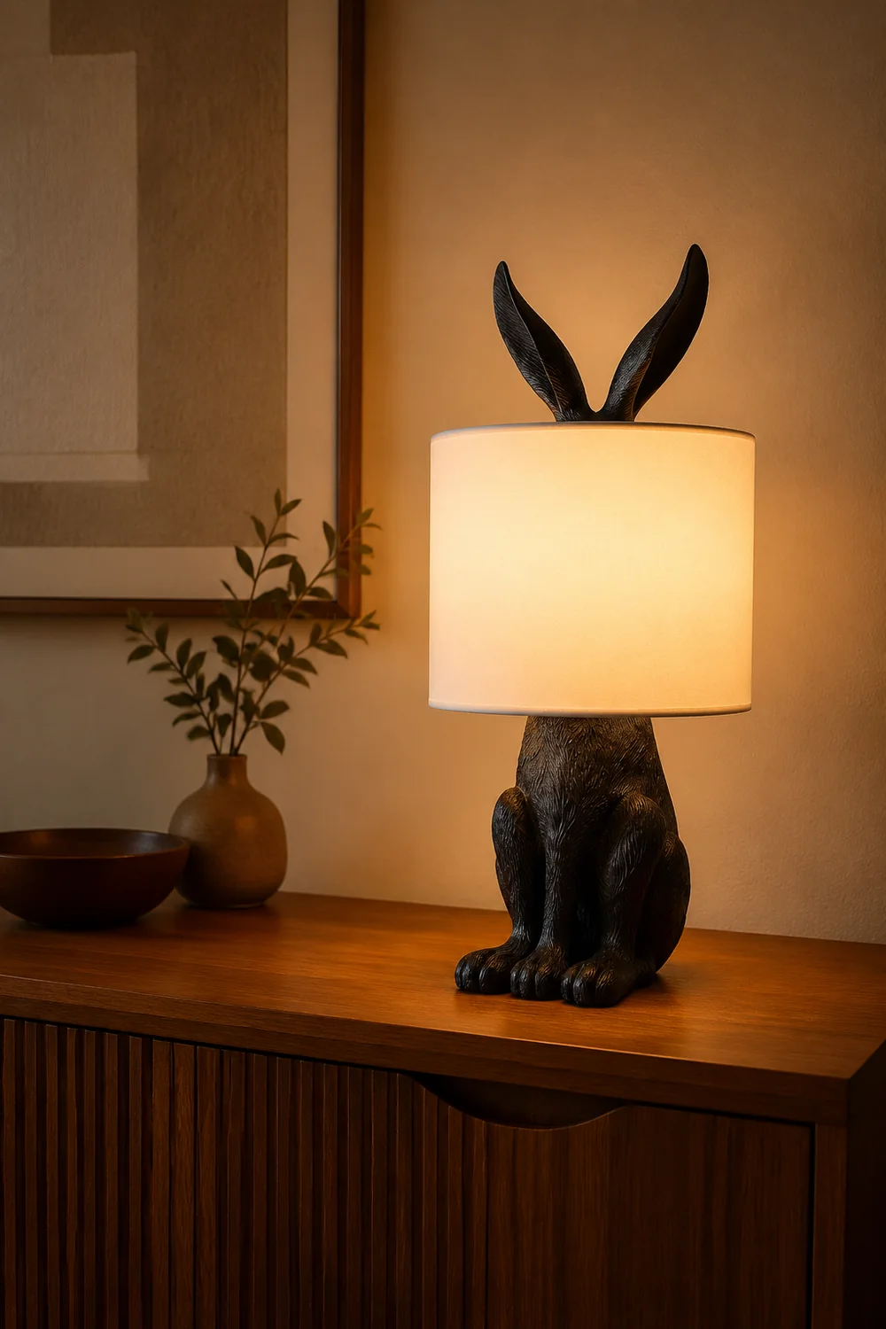 Alice Kaninchen Zylinder Tischlampe Metall, Schwarz/Weiß/Gold - Lumpaz
