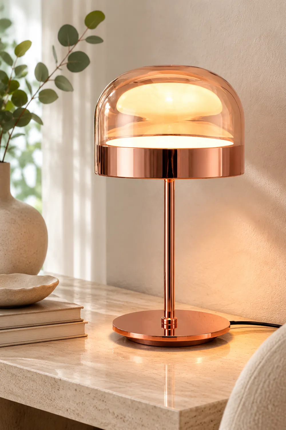 Hailie Minimalistische Pilz Glas/Metall Tischlampe, Schwarz/Rose Gold - Lumpaz