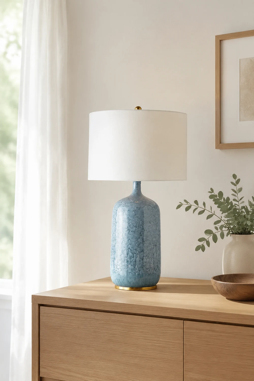 Sano Modern Minimalistisch LED Tischlampe Trommelform Blau Schlafzimmer Keramik&Textil 62CM Lang - Lumpaz