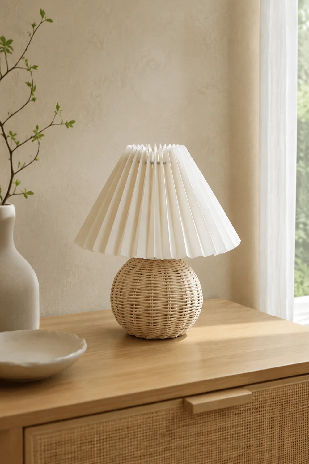 Ozawa Vintage Nachttischlampe, Creme/Beige/Weiß, Rattan/Holz/Keramik - Lumpaz