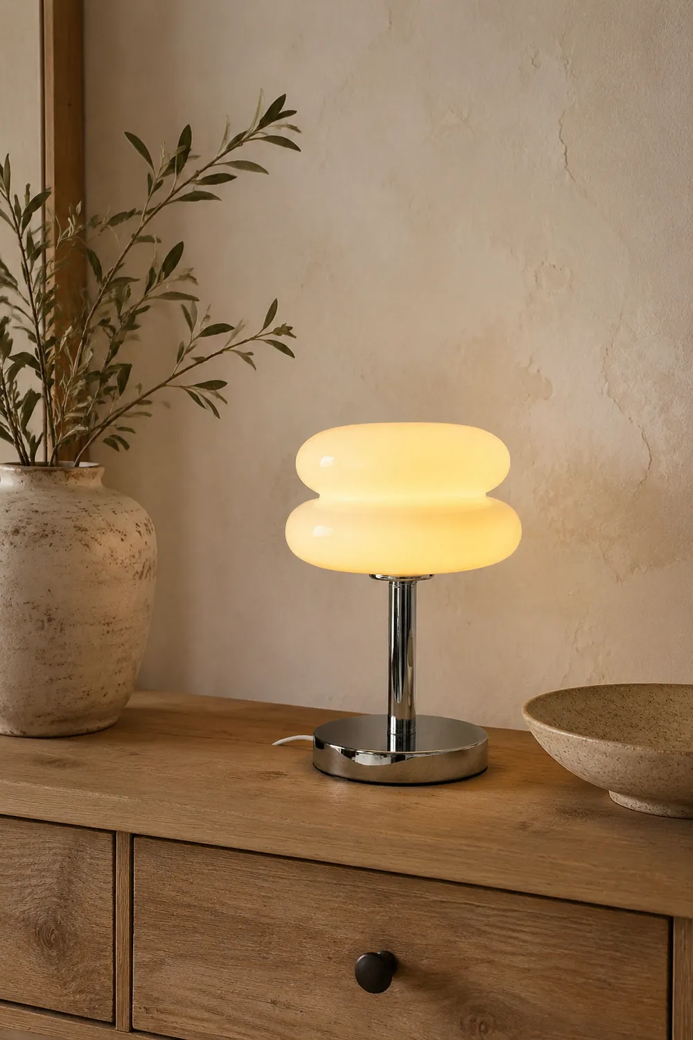 Morandi Modern Rund LED Tischlampe Weiß/Beige/Rosa Wohn/Schlafzimmer Metall&Glas 28CM Lang - Lumpaz
