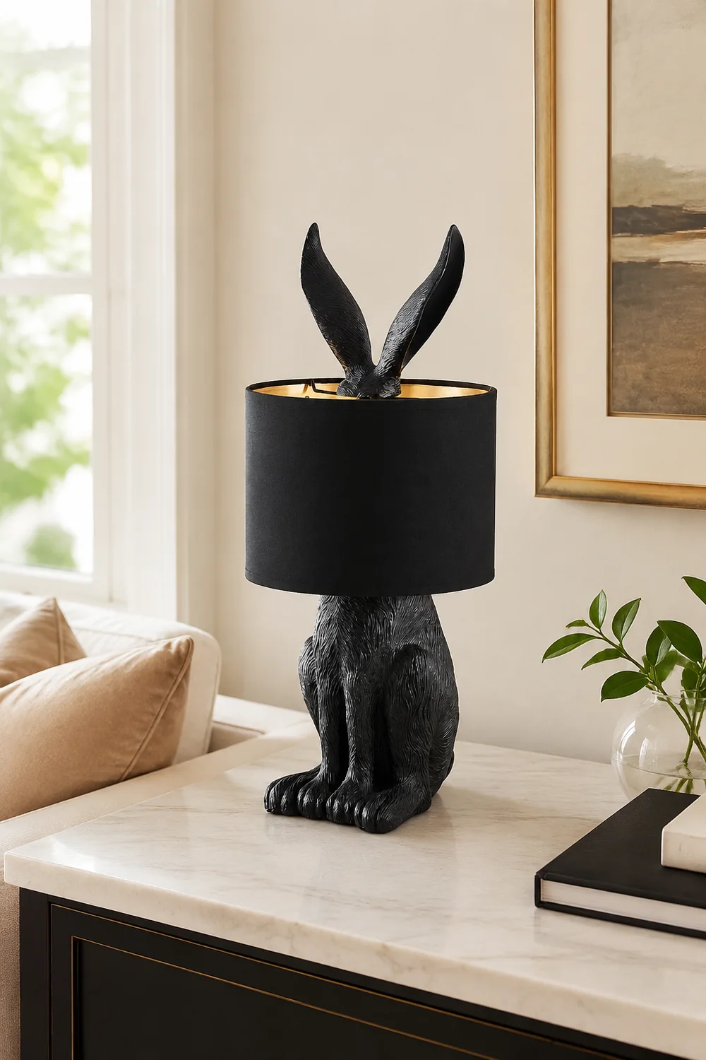 Alice Kaninchen Zylinder Tischlampe Metall, Schwarz/Weiß/Gold - Lumpaz