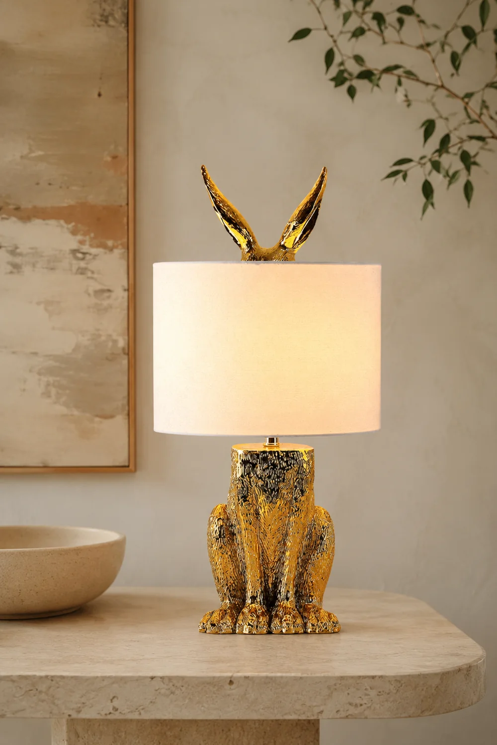 Alice Kaninchen Zylinder Tischlampe Metall, Schwarz/Weiß/Gold - Lumpaz