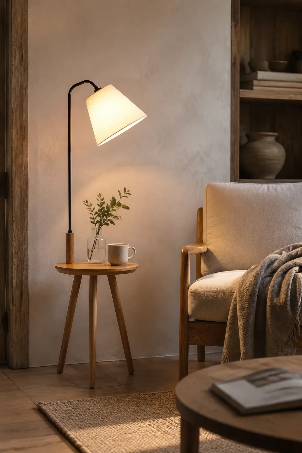 Nordlux Holz Tea Table Textil Stehleuchte, Weiß/Schwarz/Walnuss - Lumpaz