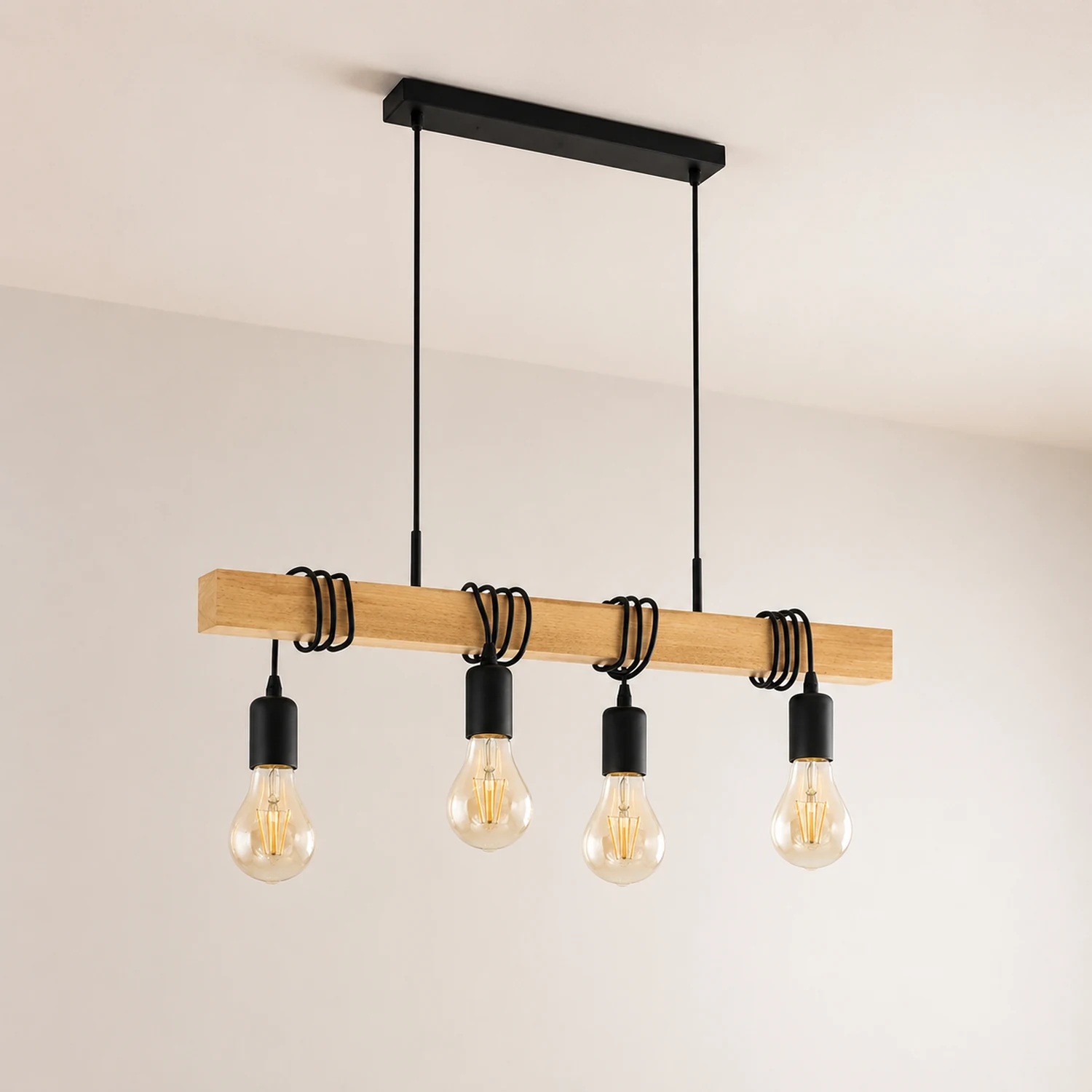Alessio Rustic Linear Wood Pendelleuchte, Schwarz, 4 Köpfe - Lumpaz