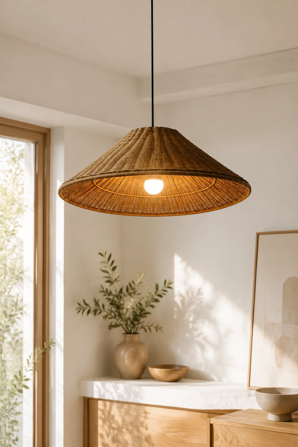 Retro Woven Rattan Cone Pendant Light - Lumpaz