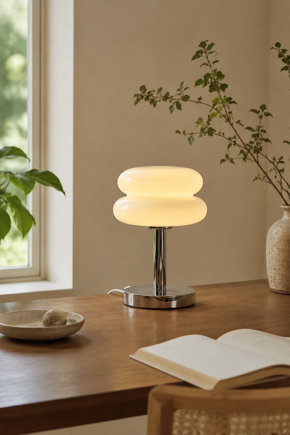 Morandi Modern Rund LED Tischlampe Weiß/Beige/Rosa Wohn/Schlafzimmer Metall&Glas 28CM Lang - Lumpaz