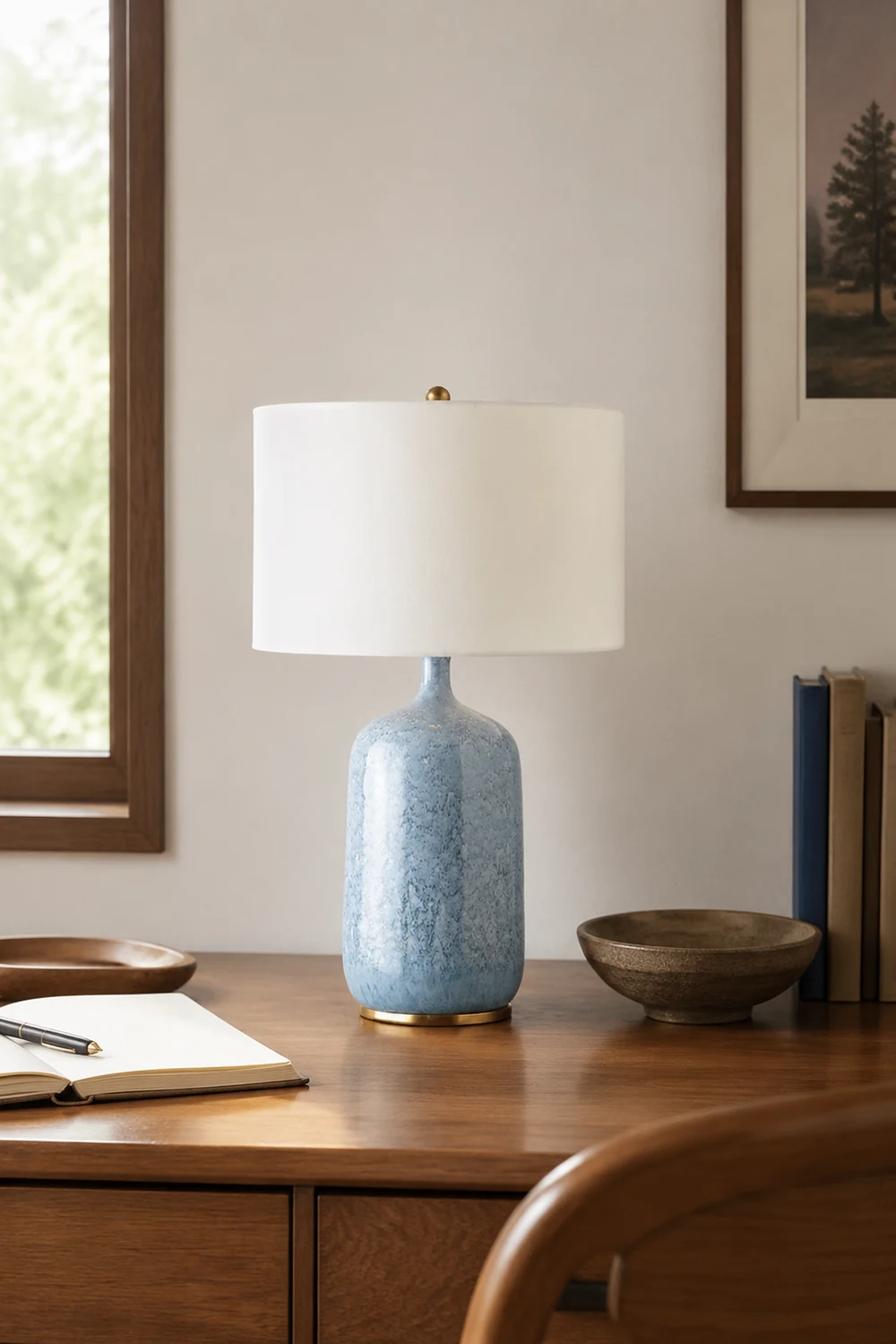 Sano Modern Minimalistisch LED Tischlampe Trommelform Blau Schlafzimmer Keramik&Textil 62CM Lang - Lumpaz