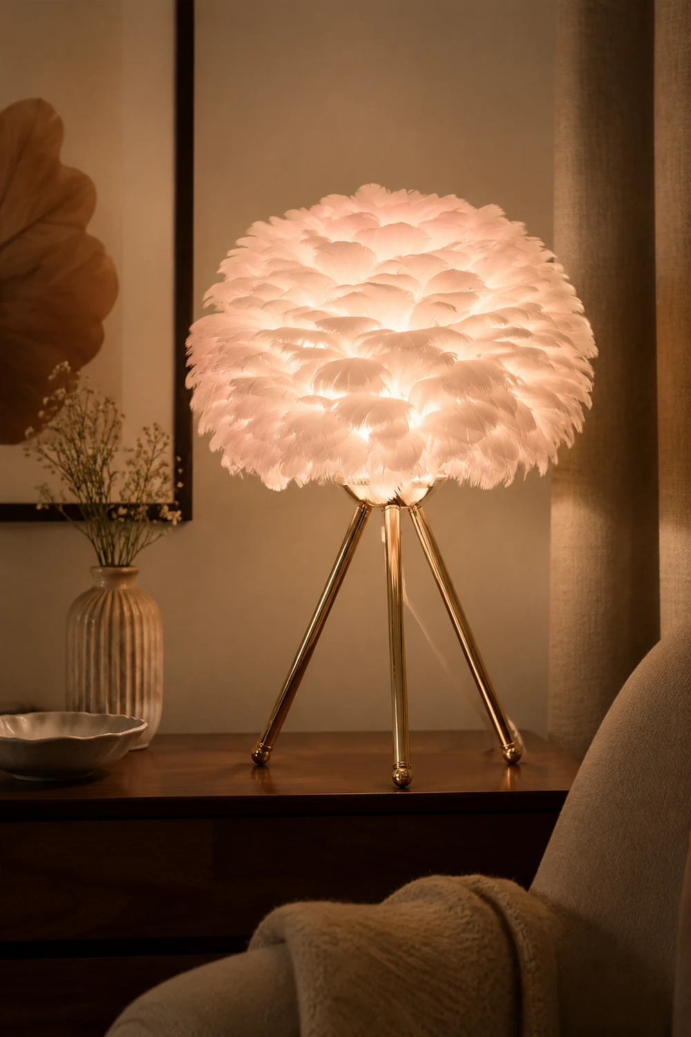 O'Moore Boho Design LED Stehlampe Weiß/Rosa/Grau/Dunkelrosa Wohn/Schlafzimmer Metall/Feder - Lumpaz