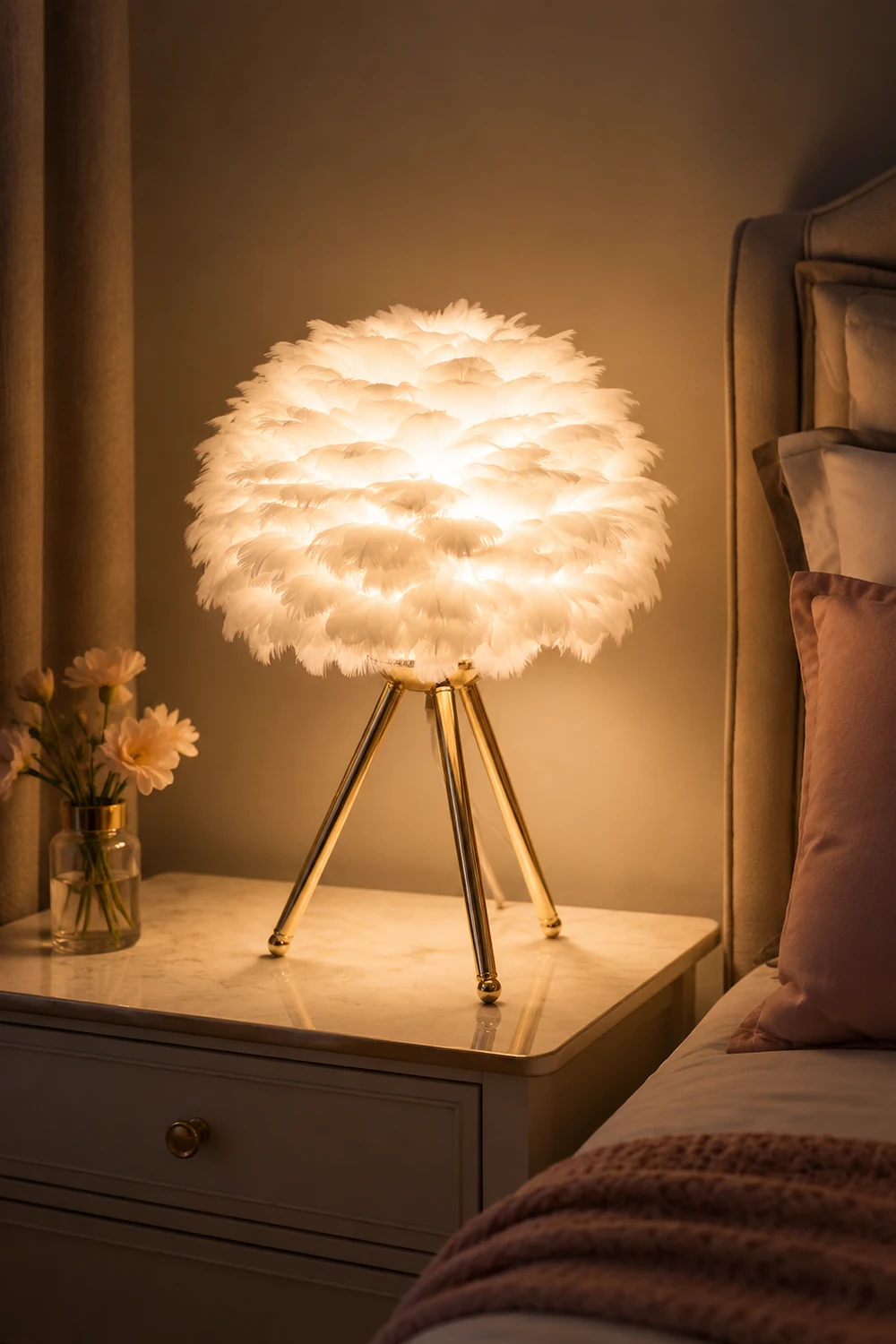 O'Moore Boho Design LED Stehlampe Weiß/Rosa/Grau/Dunkelrosa Wohn/Schlafzimmer Metall/Feder - Lumpaz