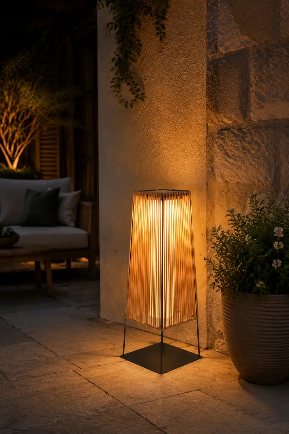 Plastic Rattan Outdoor Post Light with Solar Panel - Lumpaz