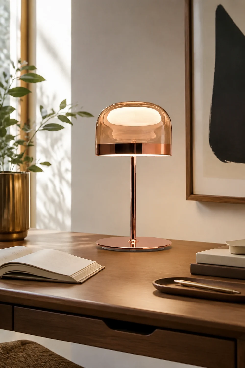 Hailie Minimalistische Pilz Glas/Metall Tischlampe, Schwarz/Rose Gold - Lumpaz