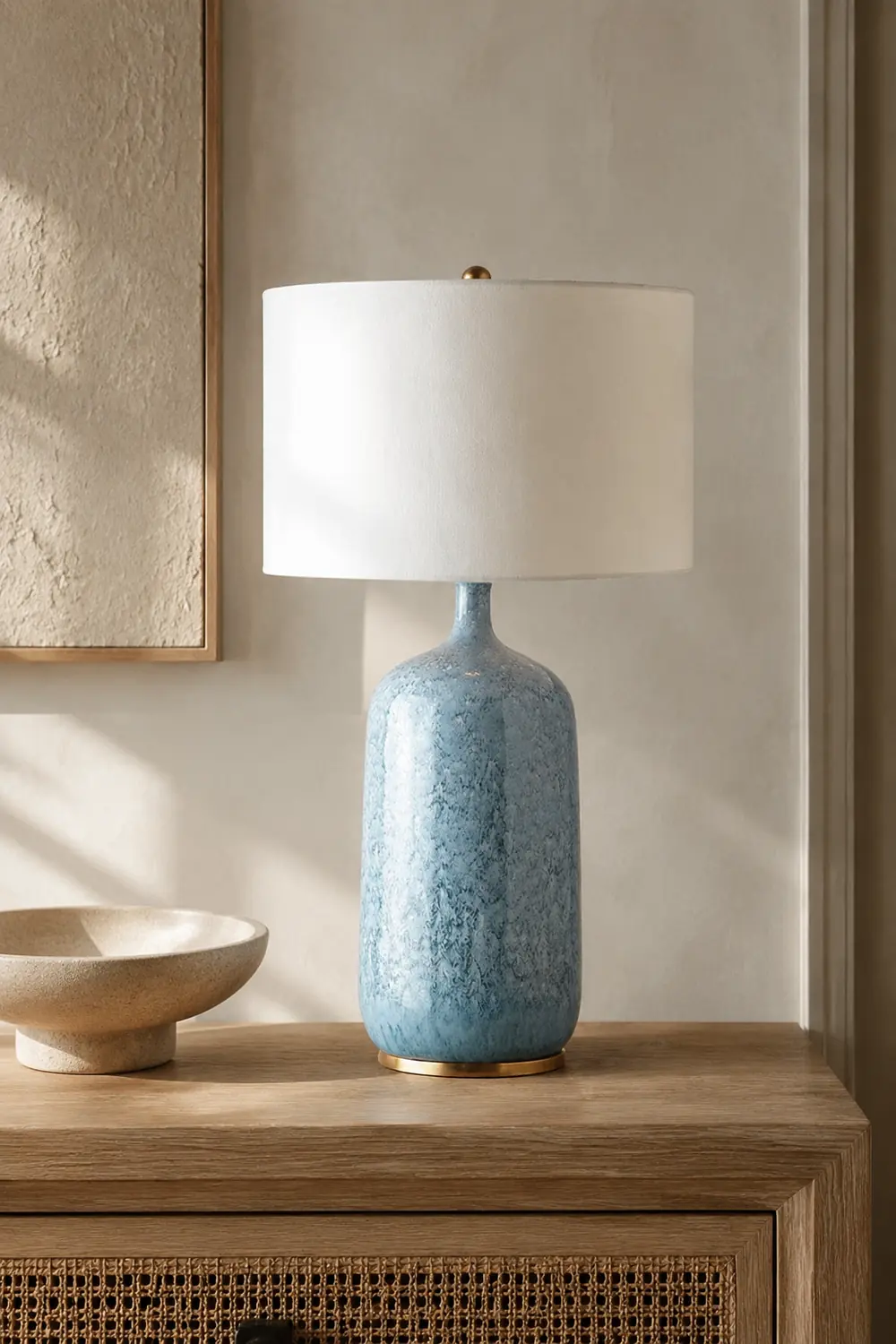 Sano Modern Minimalistisch LED Tischlampe Trommelform Blau Schlafzimmer Keramik&Textil 62CM Lang - Lumpaz