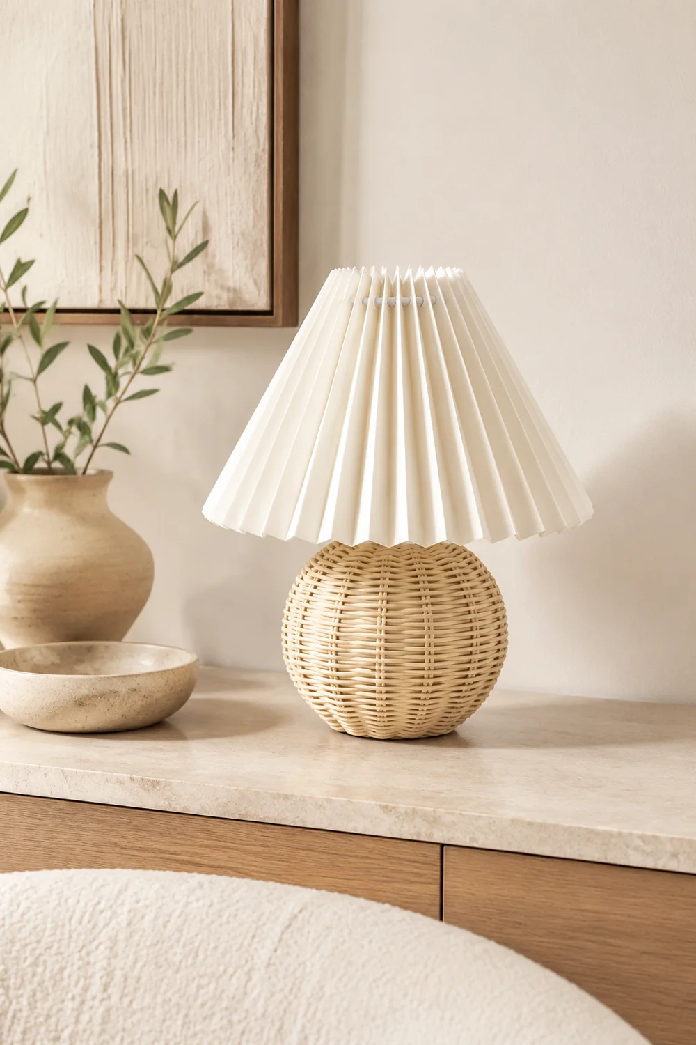 Ozawa Vintage Nachttischlampe, Creme/Beige/Weiß, Rattan/Holz/Keramik - Lumpaz