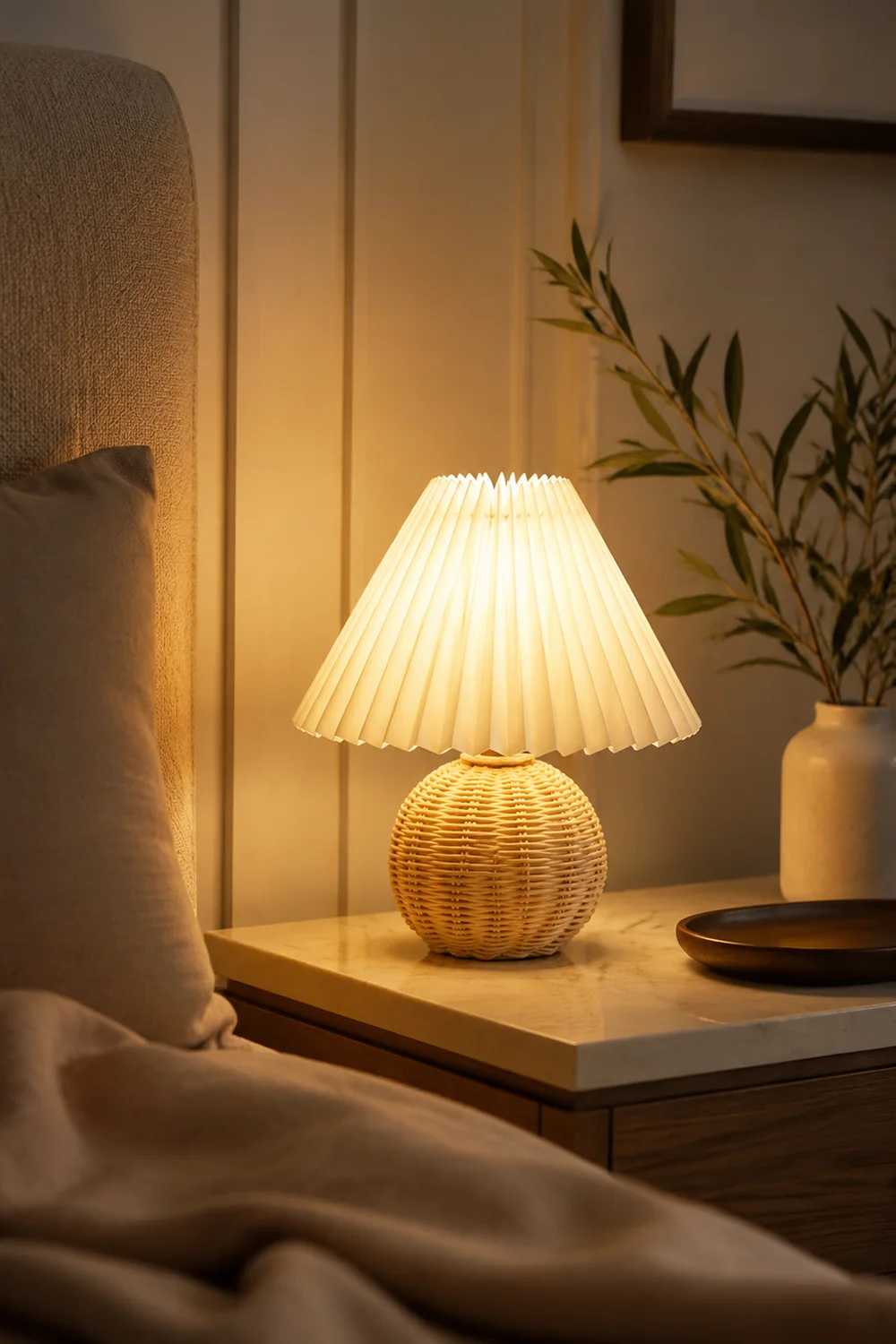 Ozawa Vintage Nachttischlampe, Creme/Beige/Weiß, Rattan/Holz/Keramik - Lumpaz