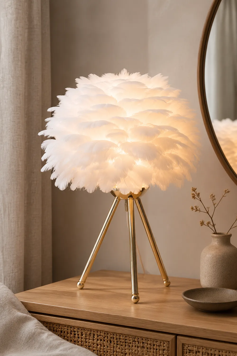 O'Moore Boho Design LED Stehlampe Weiß/Rosa/Grau/Dunkelrosa Wohn/Schlafzimmer Metall/Feder - Lumpaz