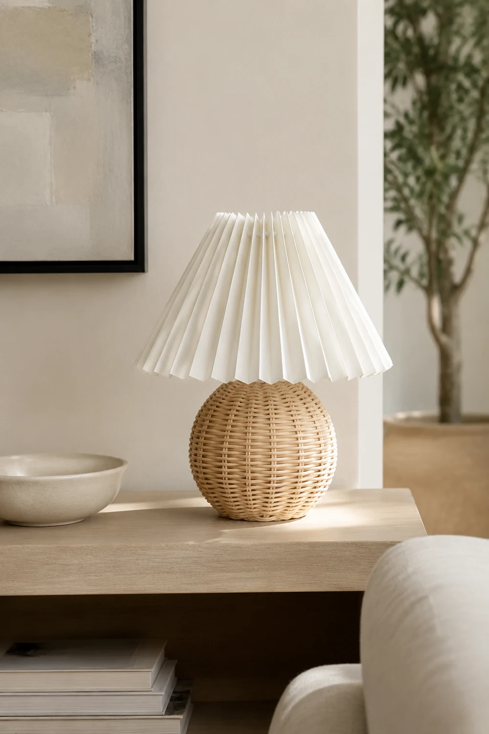 Ozawa Vintage Nachttischlampe, Creme/Beige/Weiß, Rattan/Holz/Keramik - Lumpaz