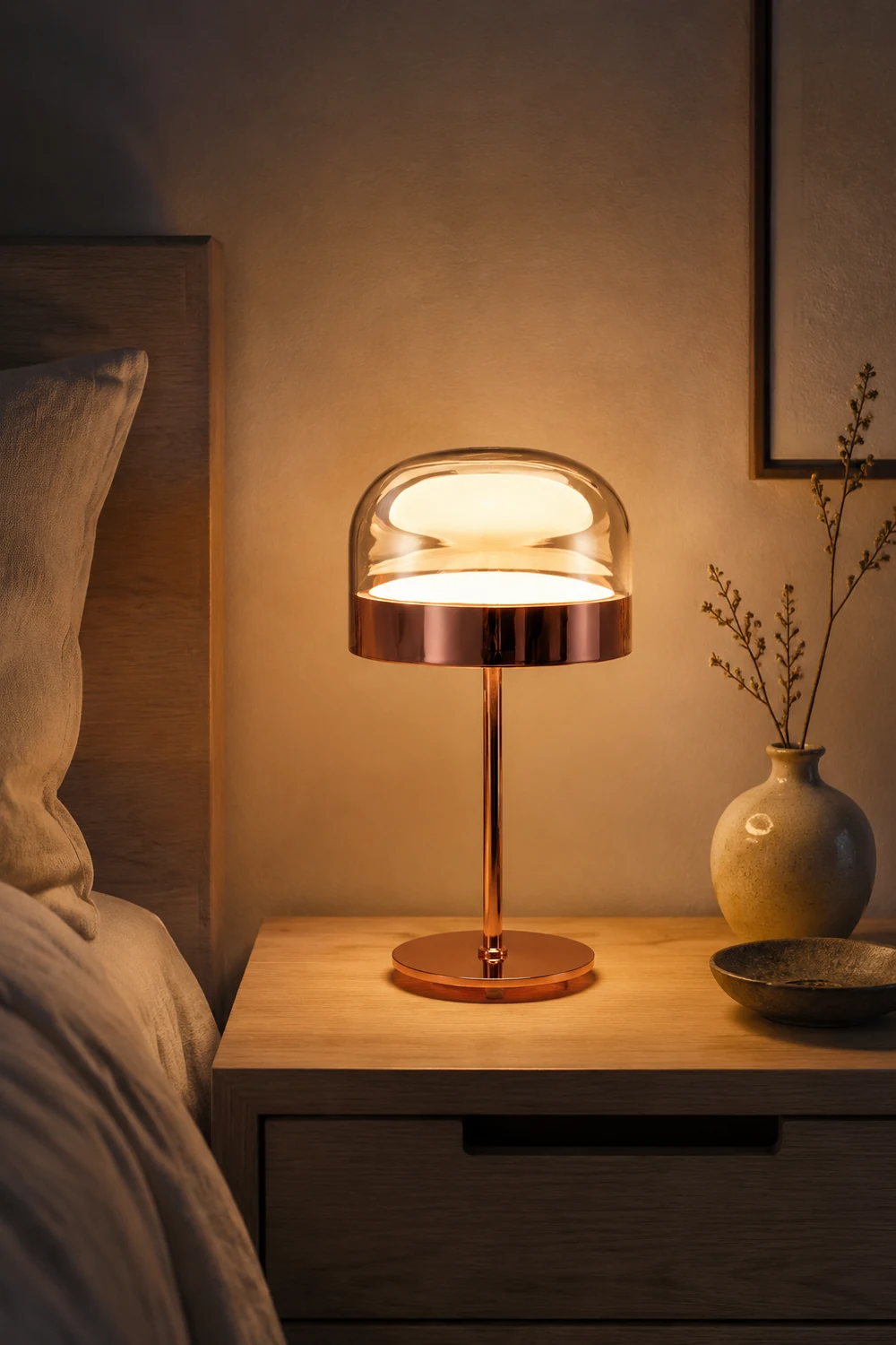Hailie Minimalistische Pilz Glas/Metall Tischlampe, Schwarz/Rose Gold - Lumpaz