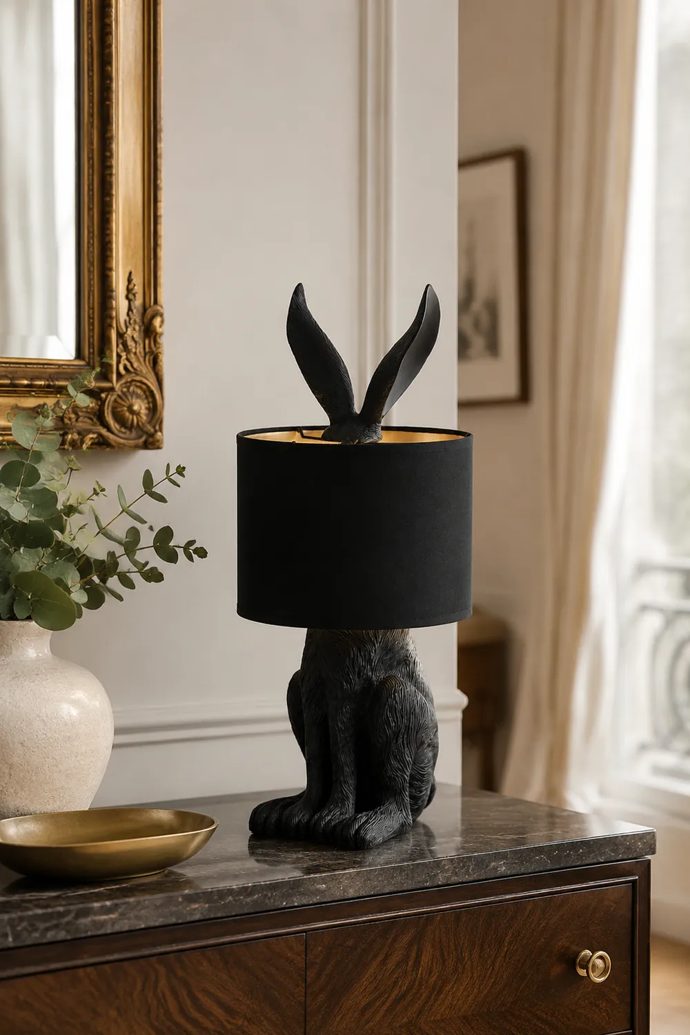 Alice Kaninchen Zylinder Tischlampe Metall, Schwarz/Weiß/Gold - Lumpaz