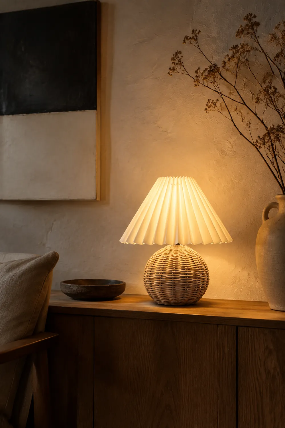 Ozawa Vintage Nachttischlampe, Creme/Beige/Weiß, Rattan/Holz/Keramik - Lumpaz