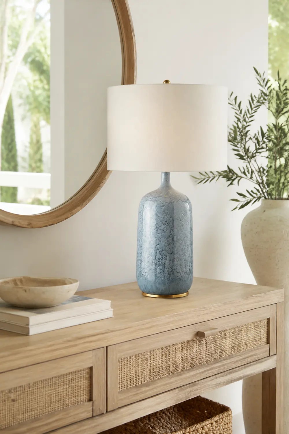 Sano Modern Minimalistisch LED Tischlampe Trommelform Blau Schlafzimmer Keramik&Textil 62CM Lang - Lumpaz