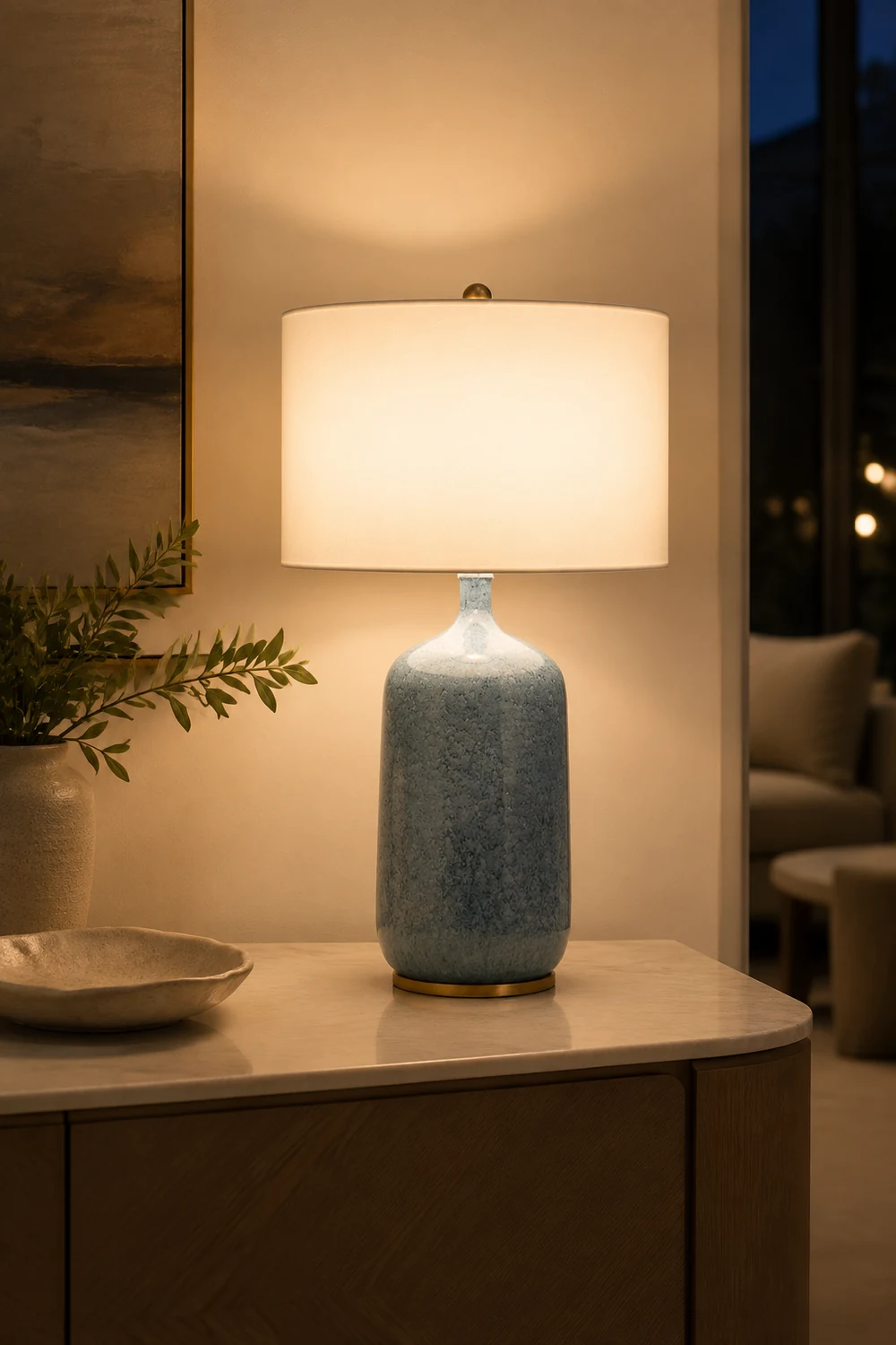 Sano Modern Minimalistisch LED Tischlampe Trommelform Blau Schlafzimmer Keramik&Textil 62CM Lang - Lumpaz