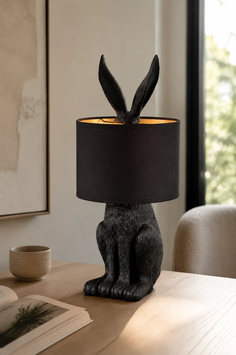 Alice Kaninchen Zylinder Tischlampe Metall, Schwarz/Weiß/Gold - Lumpaz