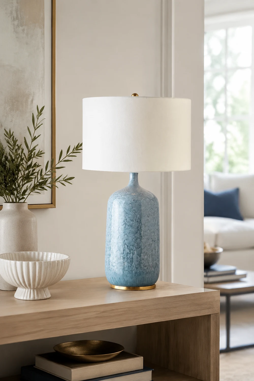 Sano Modern Minimalistisch LED Tischlampe Trommelform Blau Schlafzimmer Keramik&Textil 62CM Lang - Lumpaz