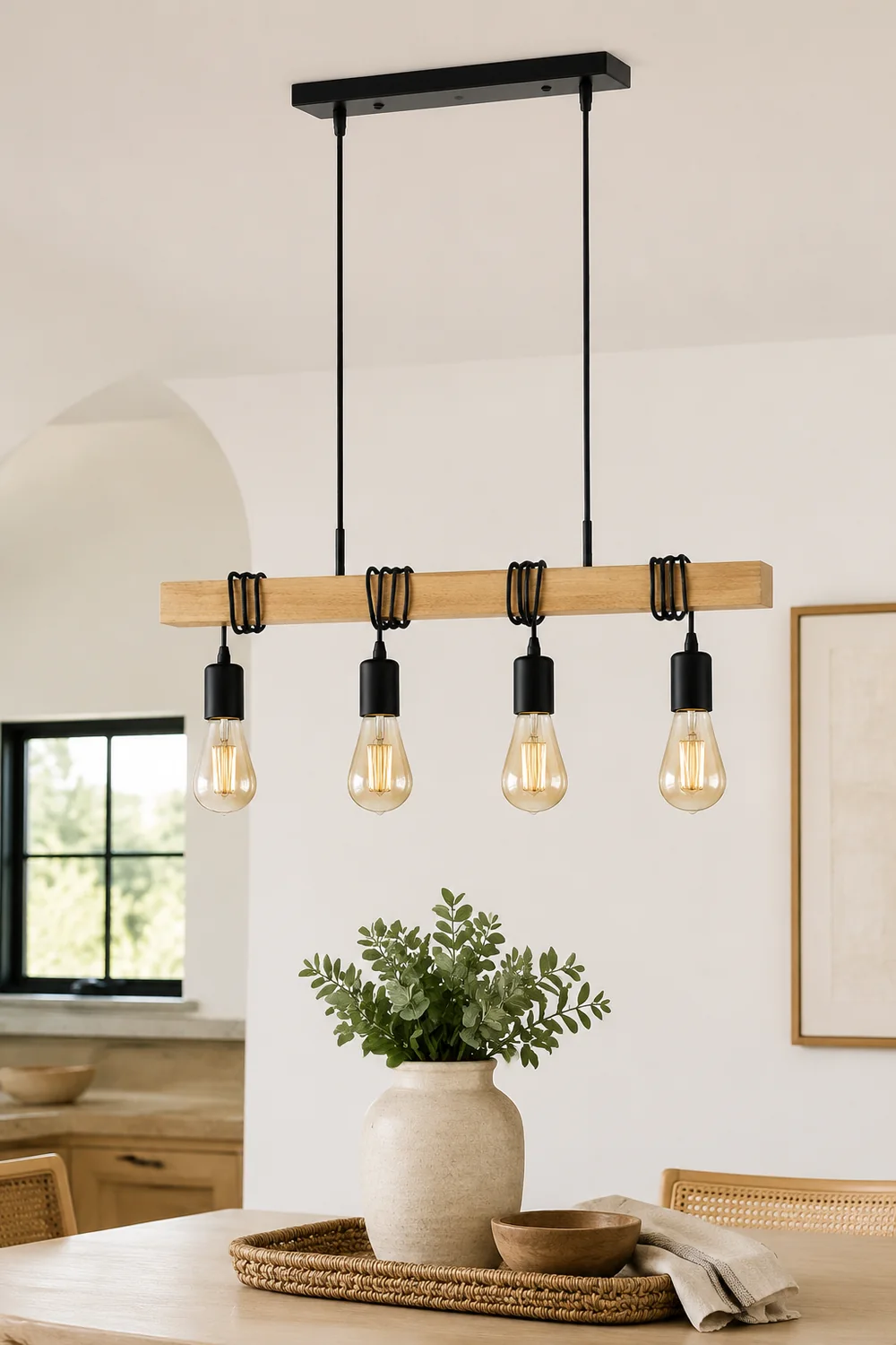 Alessio Rustic Linear Wood Pendelleuchte, Schwarz, 4 Köpfe - Lumpaz