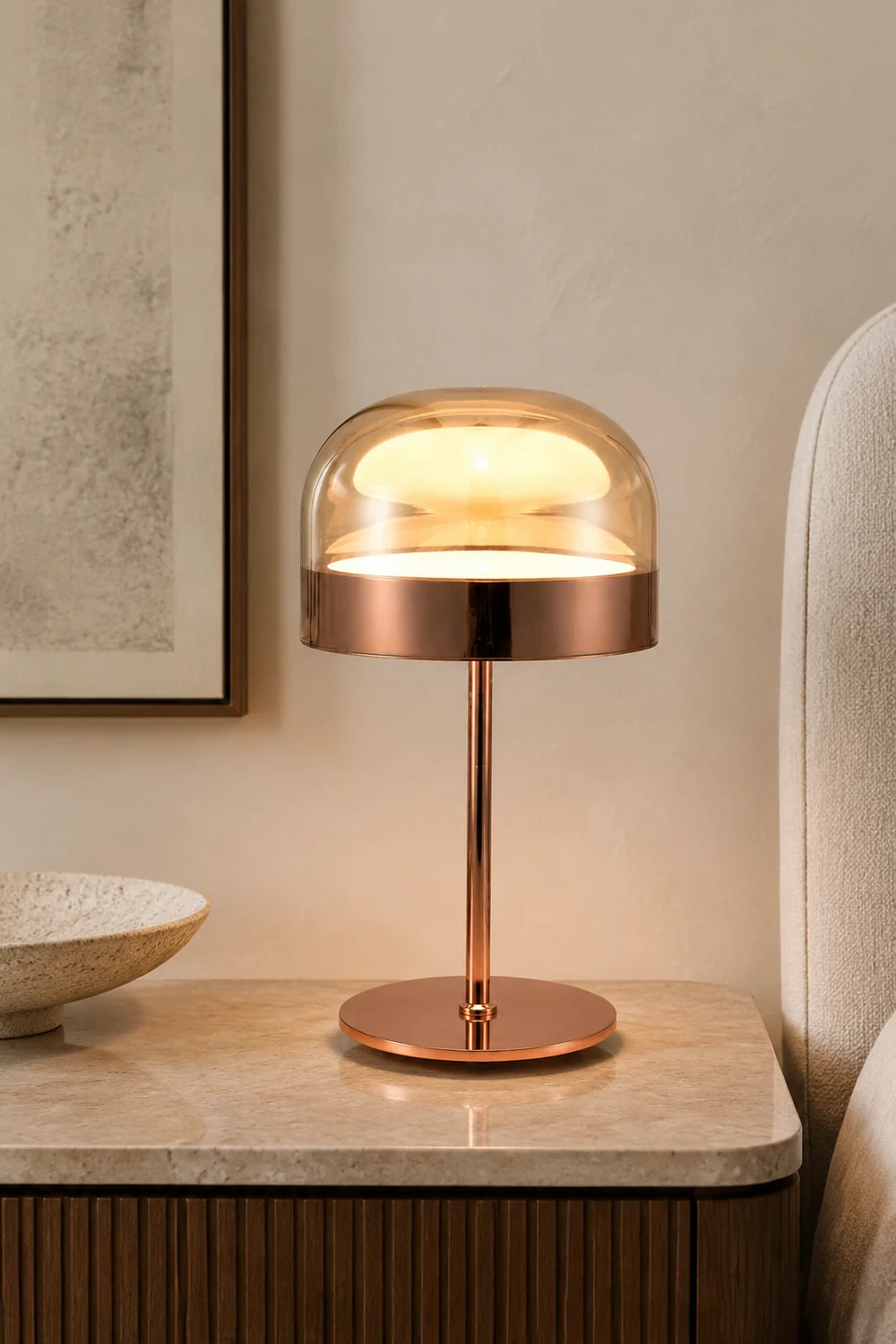 Hailie Minimalistische Pilz Glas/Metall Tischlampe, Schwarz/Rose Gold - Lumpaz