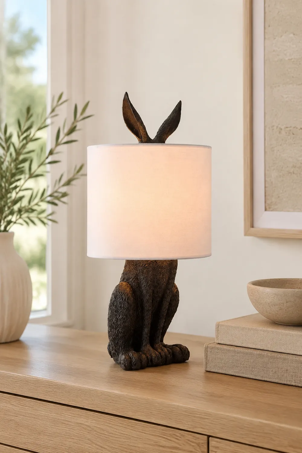 Alice Kaninchen Zylinder Tischlampe Metall, Schwarz/Weiß/Gold - Lumpaz