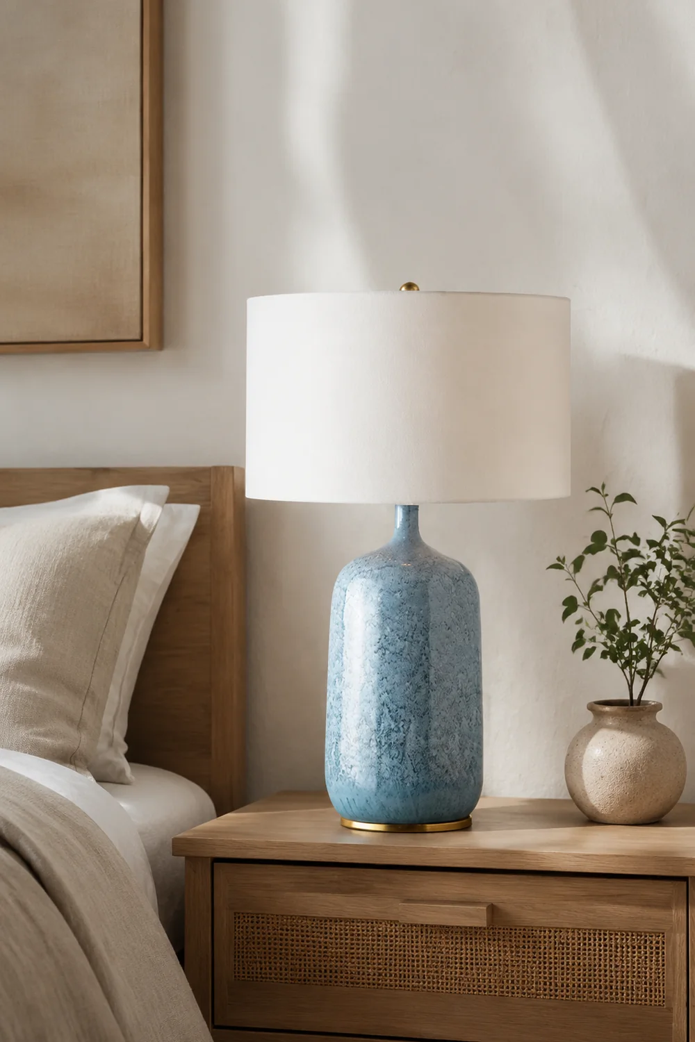 Sano Modern Minimalistisch LED Tischlampe Trommelform Blau Schlafzimmer Keramik&Textil 62CM Lang - Lumpaz