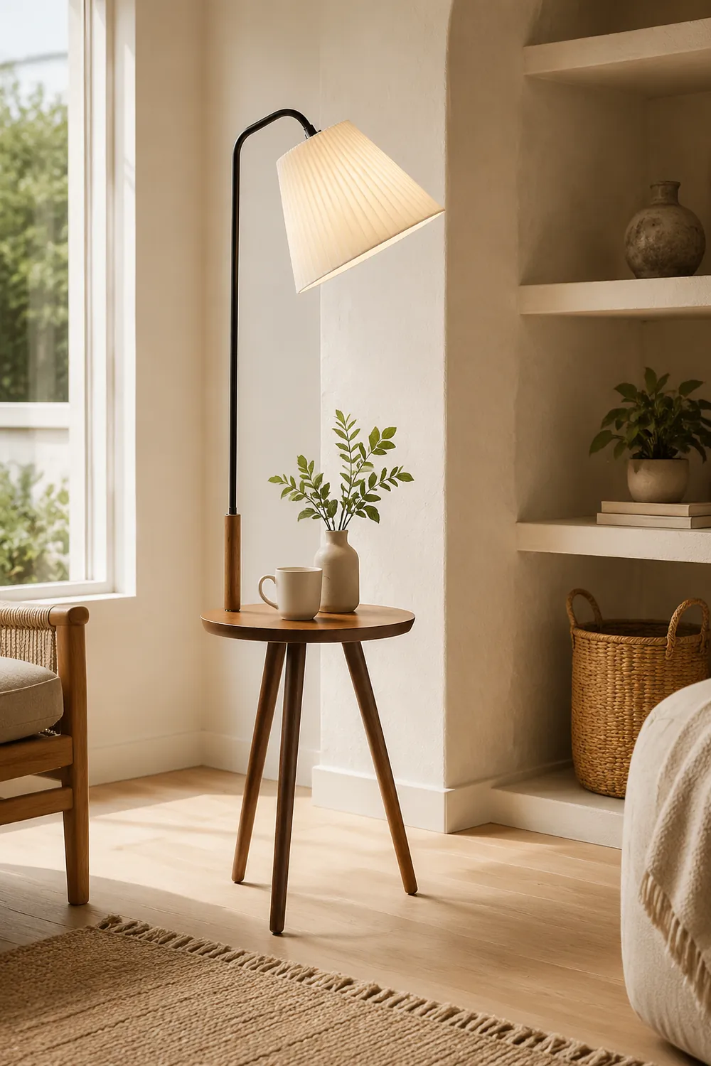 Nordlux Holz Tea Table Textil Stehleuchte, Weiß/Schwarz/Walnuss - Lumpaz