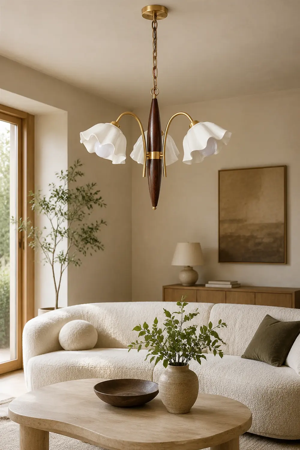 Vintage Ceramic Flower Shape Hanging Light Walnut Brass Chandelier - Lumpaz