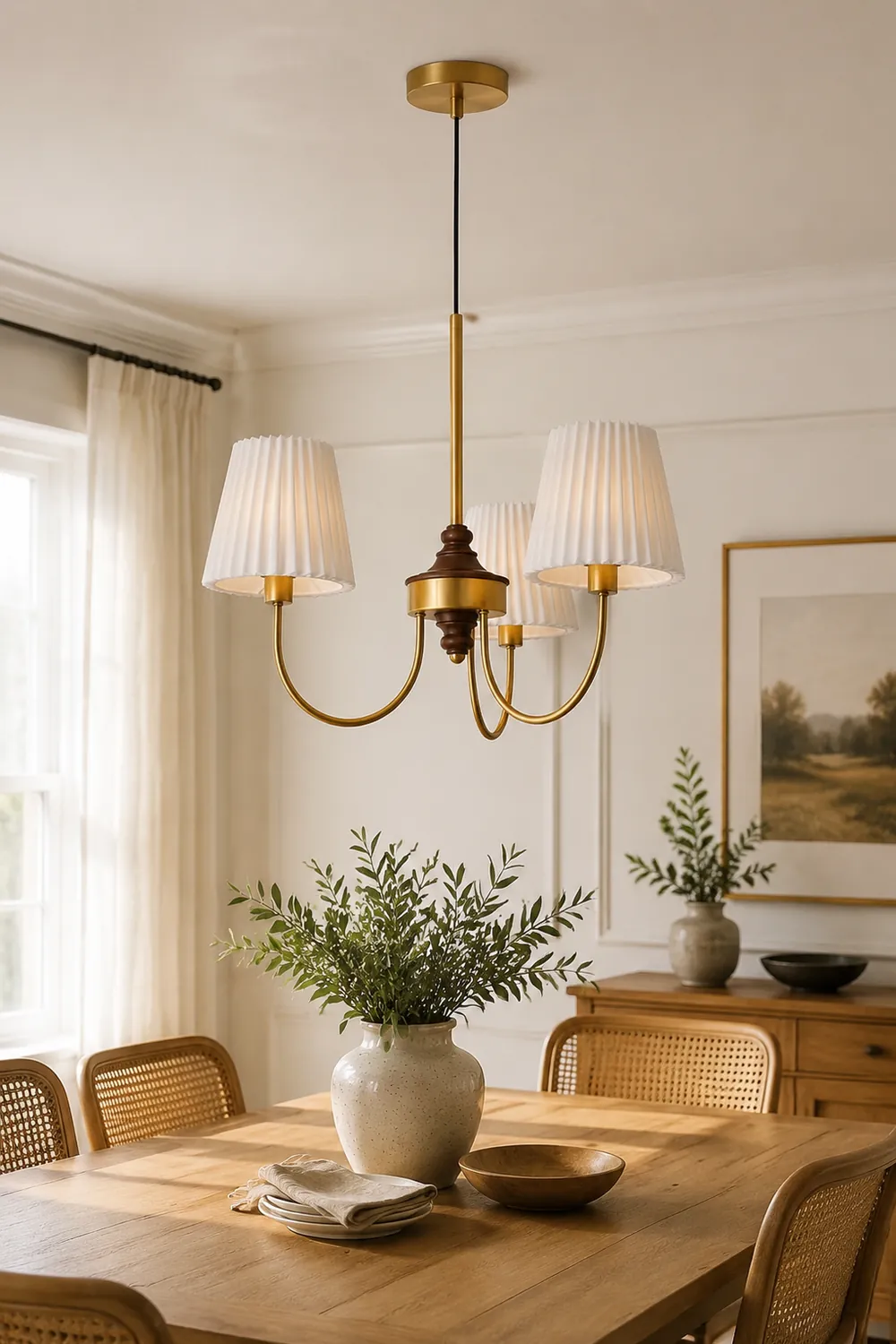 Vintage Pleated Pendant Lampshade Brass Dining Room Chandelier - Lumpaz