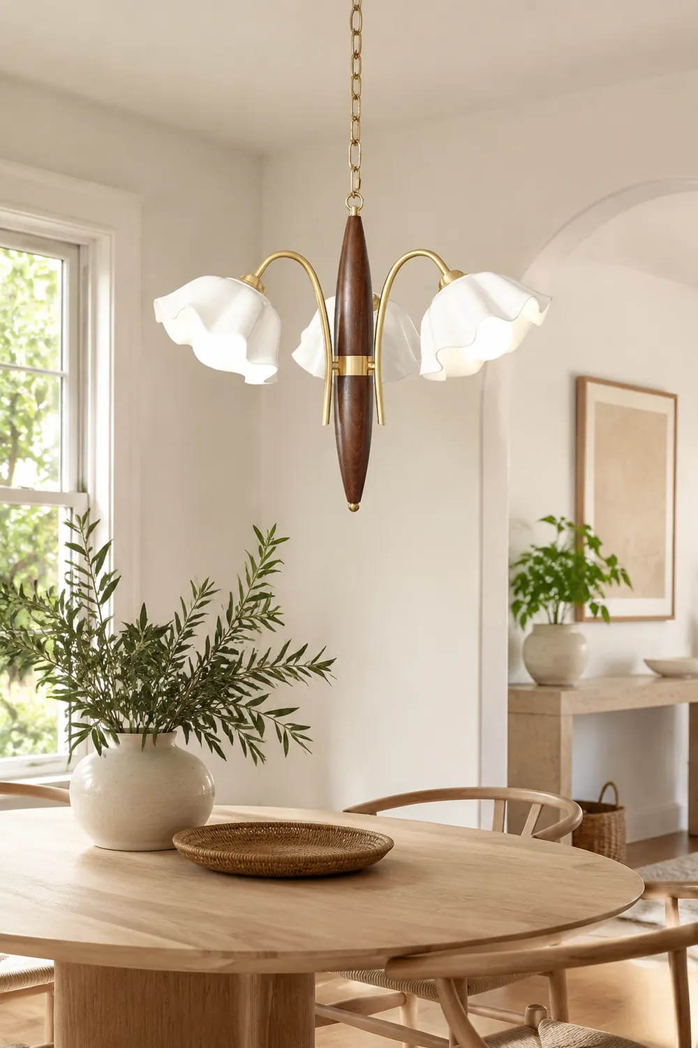 Vintage Ceramic Flower Shape Hanging Light Walnut Brass Chandelier - Lumpaz