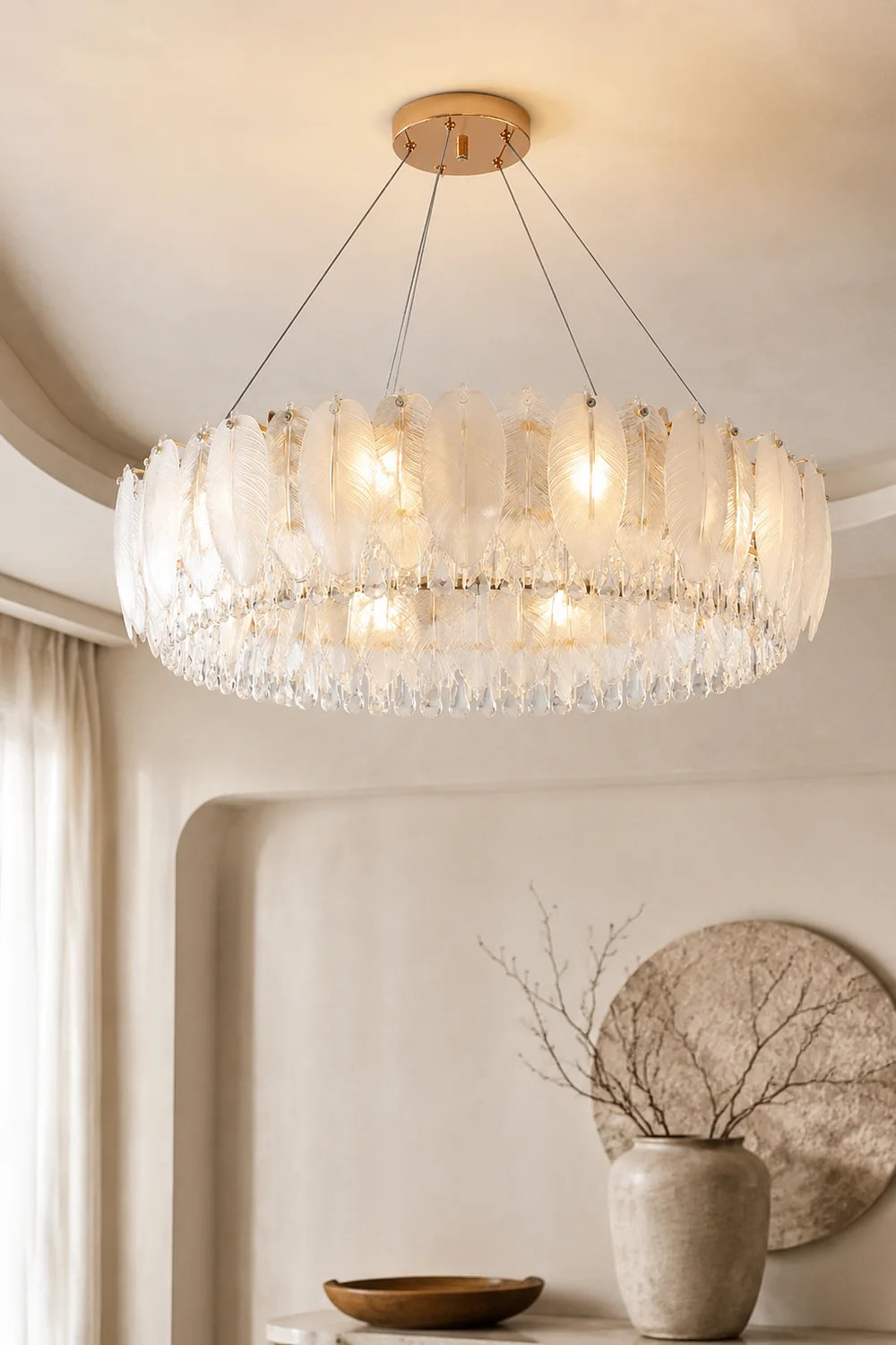 Feather Shape Crystal Glass Round Chandelier - Lumpaz