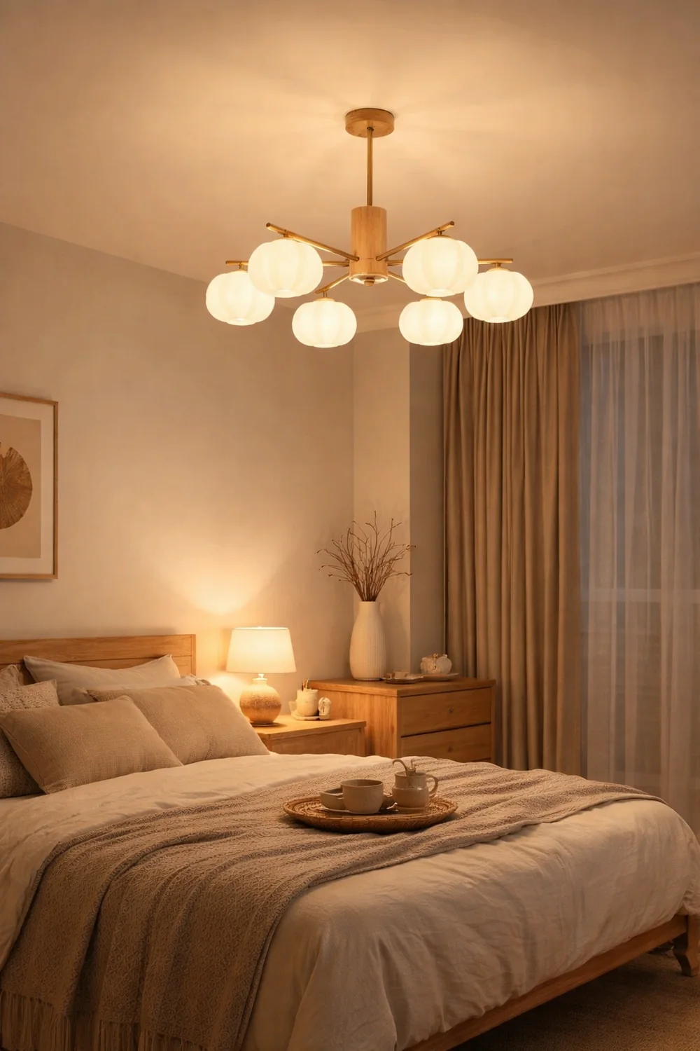 Cream Style Wooden Cotton Balls Chandelier For Living Room - Lumpaz