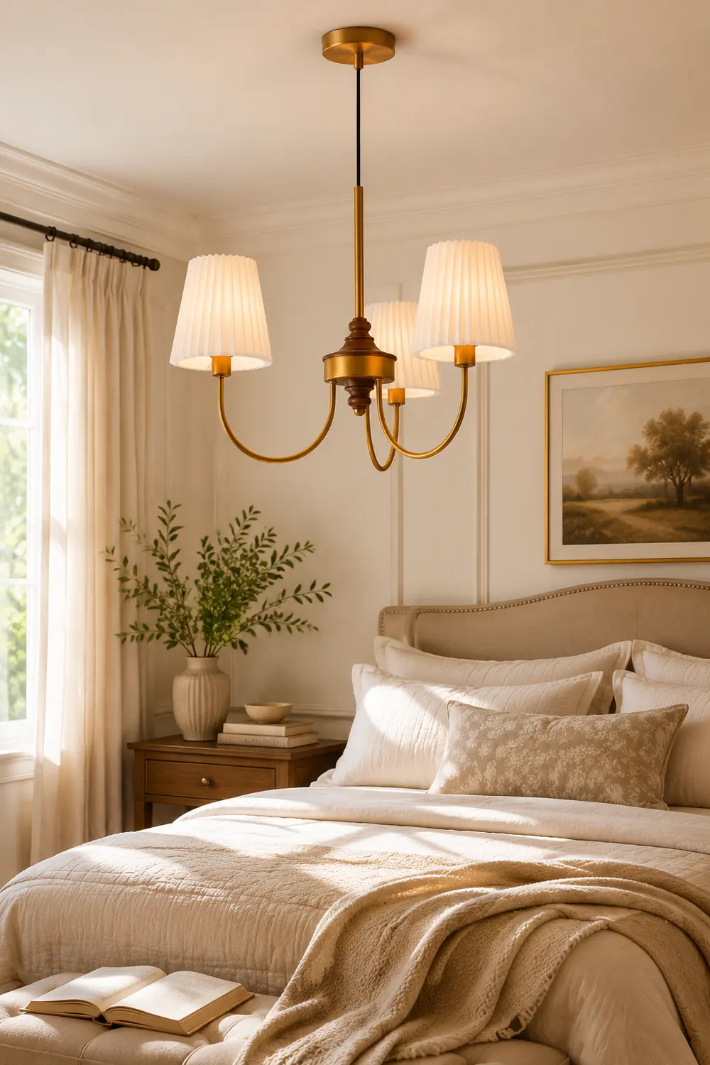 Vintage Pleated Pendant Lampshade Brass Dining Room Chandelier - Lumpaz