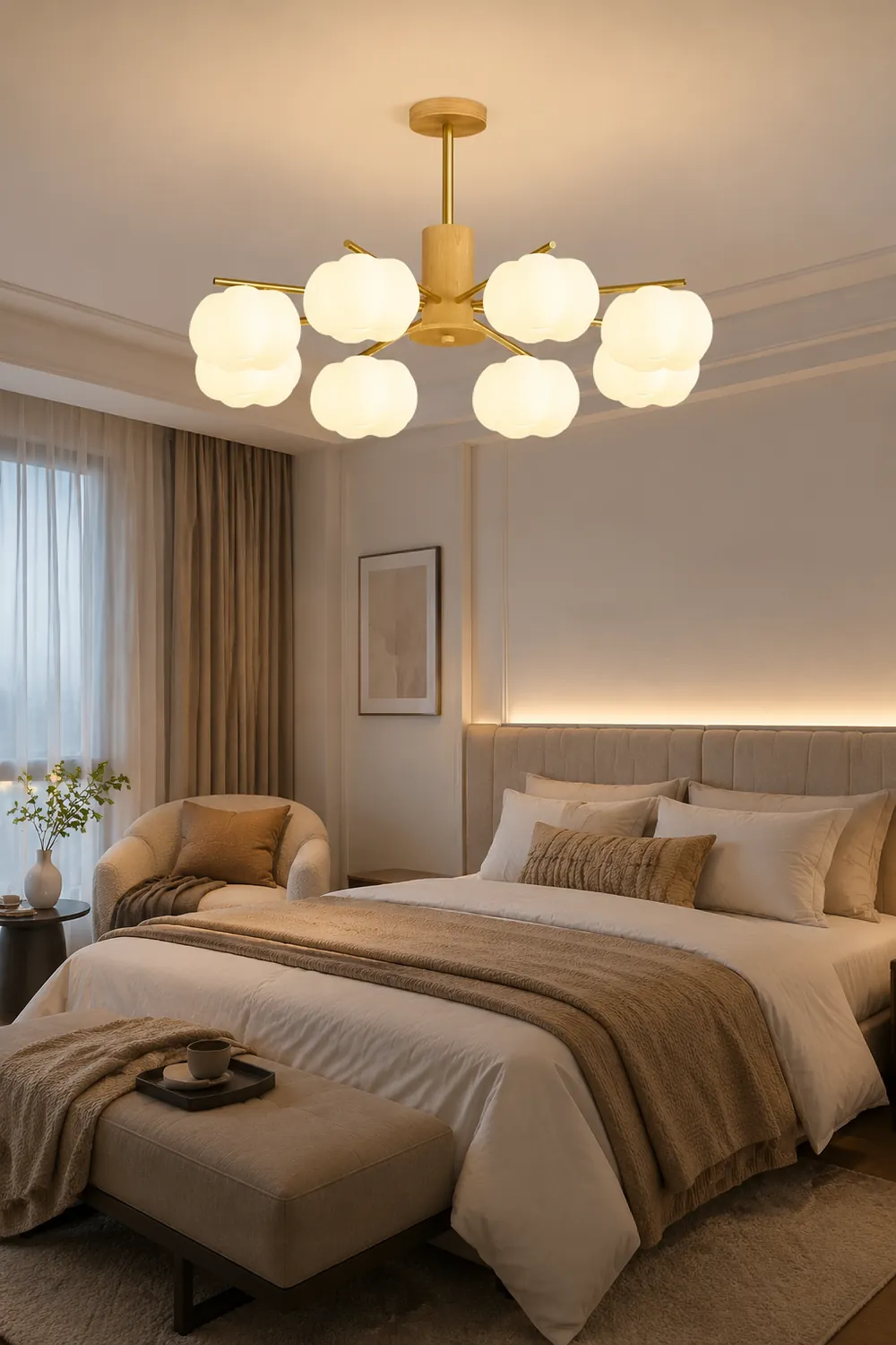Cream Style Wooden Cotton Balls Chandelier For Living Room - Lumpaz