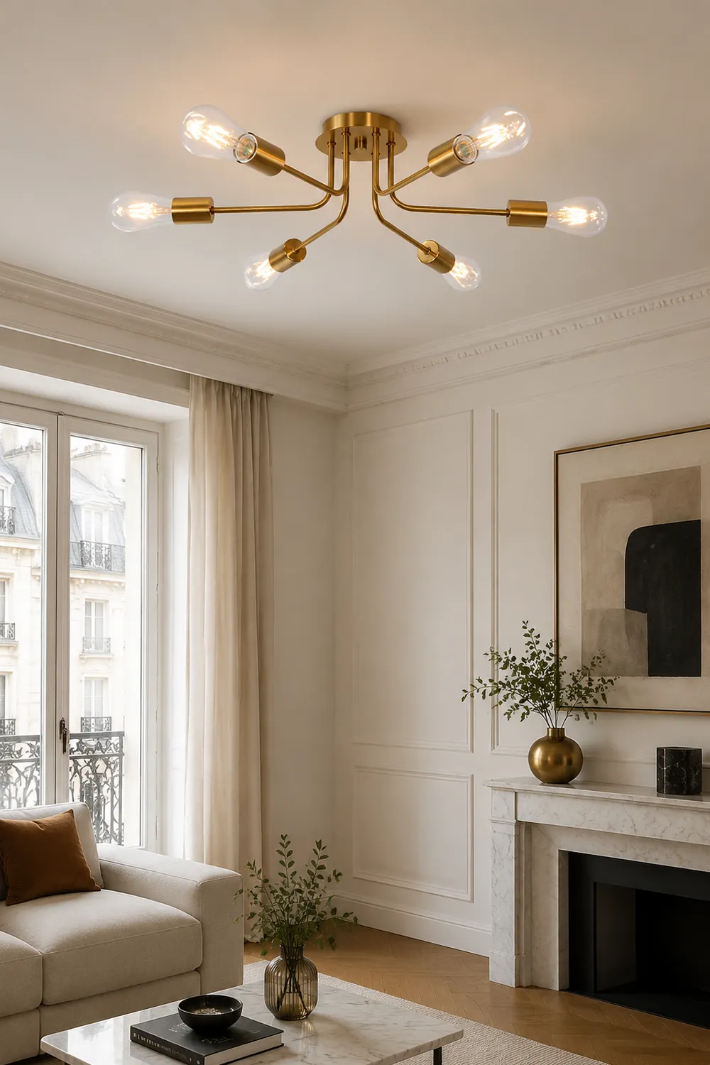 Modern 6-Light Gold Glass Semi Flush Chandelier - Lumpaz