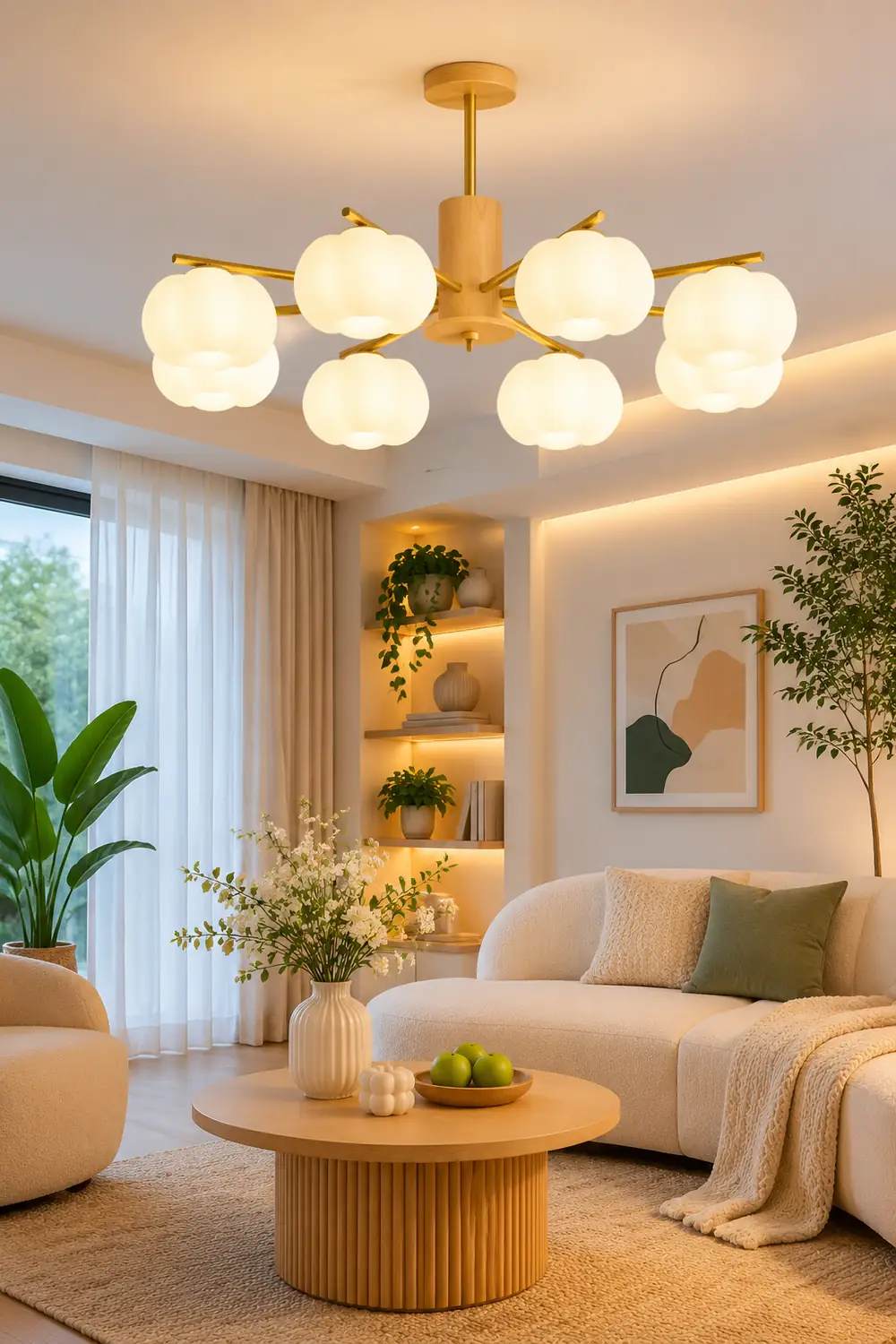 Cream Style Wooden Cotton Balls Chandelier For Living Room - Lumpaz