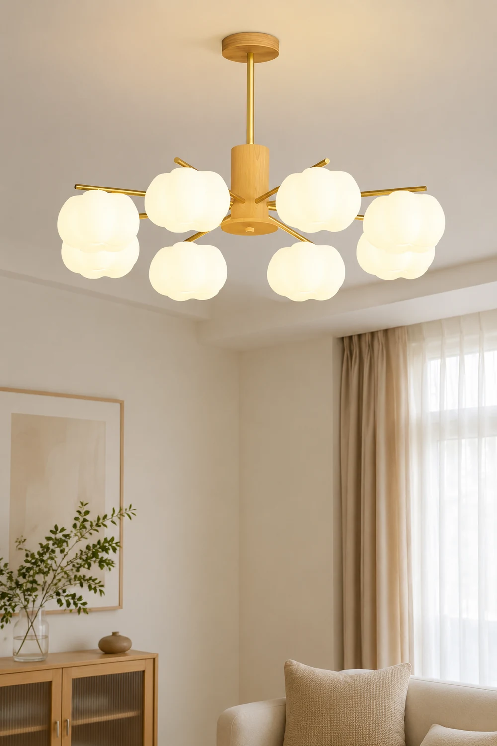 Cream Style Wooden Cotton Balls Chandelier For Living Room - Lumpaz