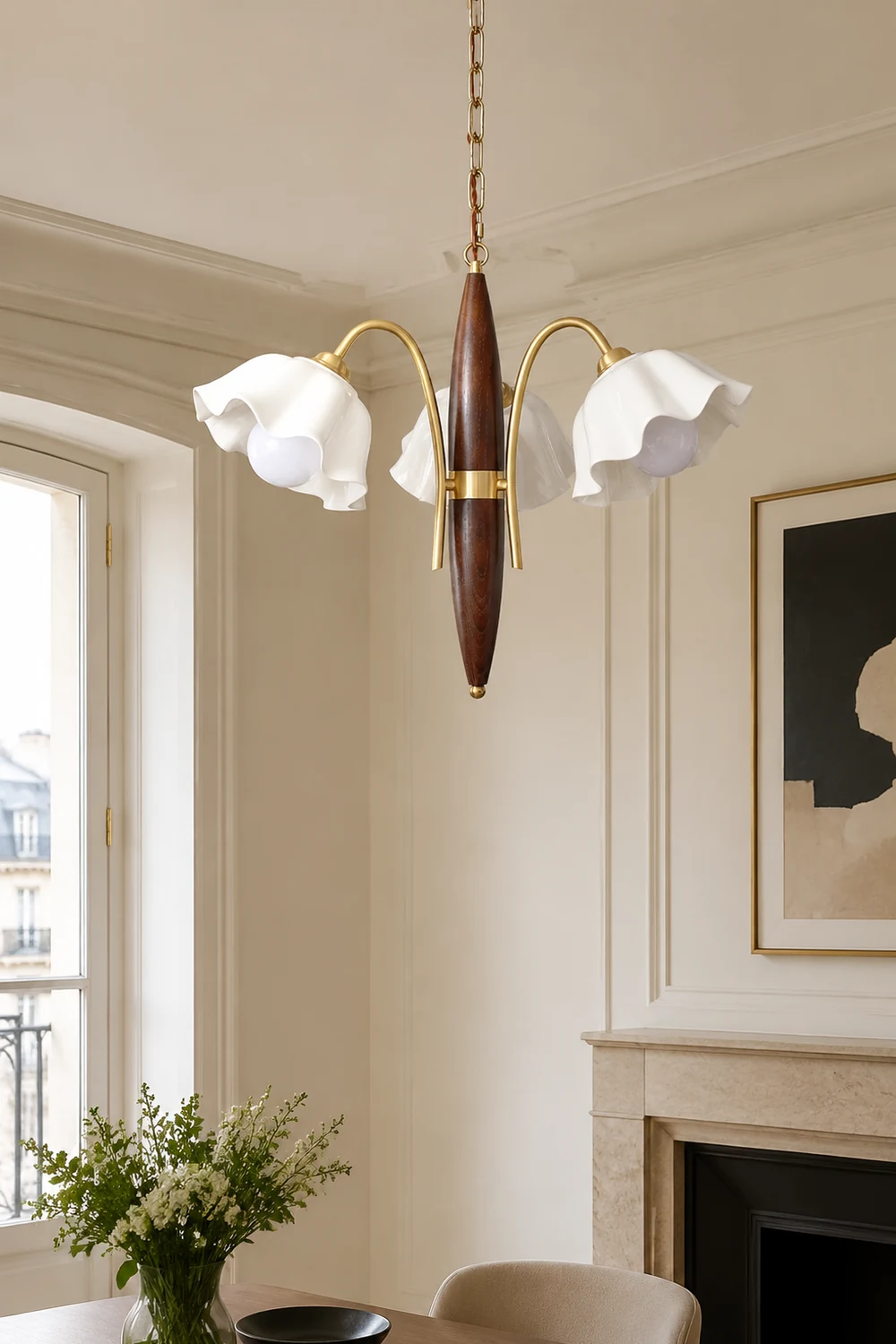 Vintage Ceramic Flower Shape Hanging Light Walnut Brass Chandelier - Lumpaz