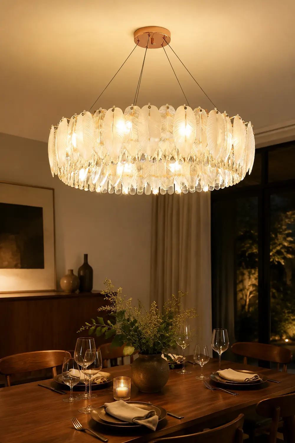 Feather Shape Crystal Glass Round Chandelier - Lumpaz