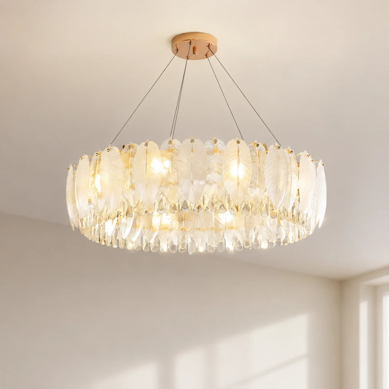 Feather Shape Crystal Glass Round Chandelier - Lumpaz