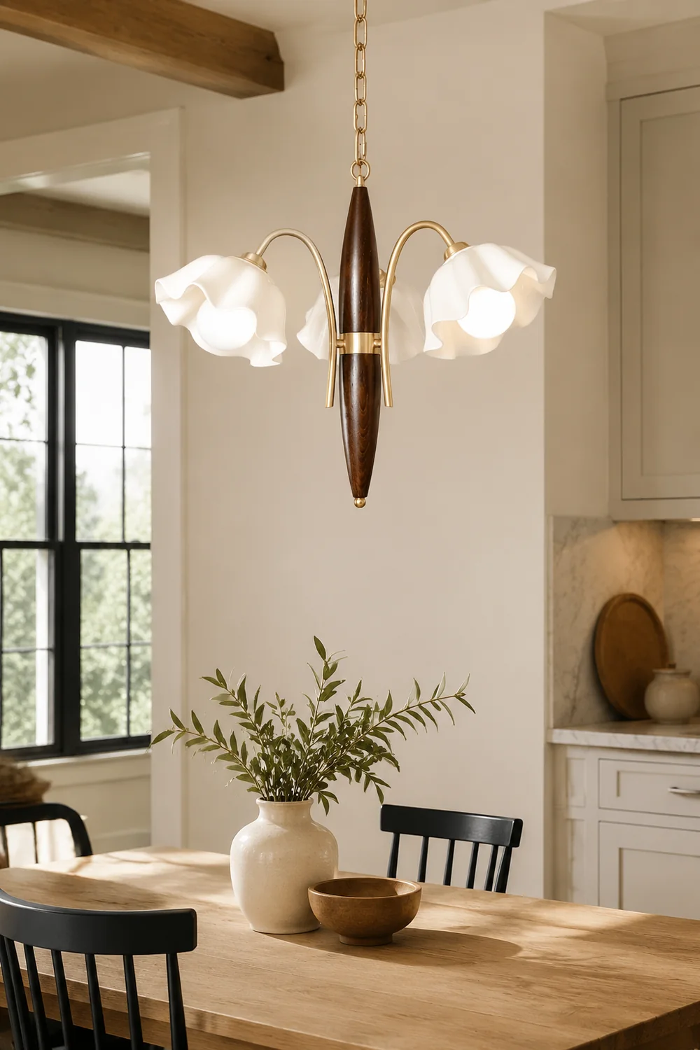 Vintage Ceramic Flower Shape Hanging Light Walnut Brass Chandelier - Lumpaz