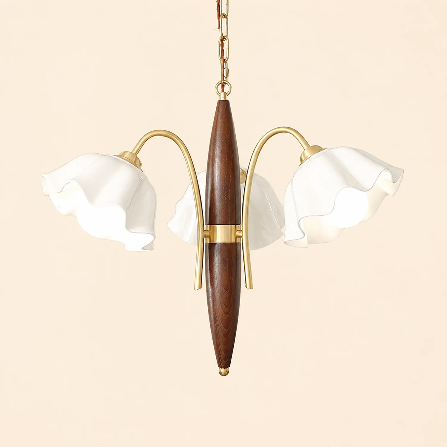 Vintage Ceramic Flower Shape Hanging Light Walnut Brass Chandelier - Lumpaz